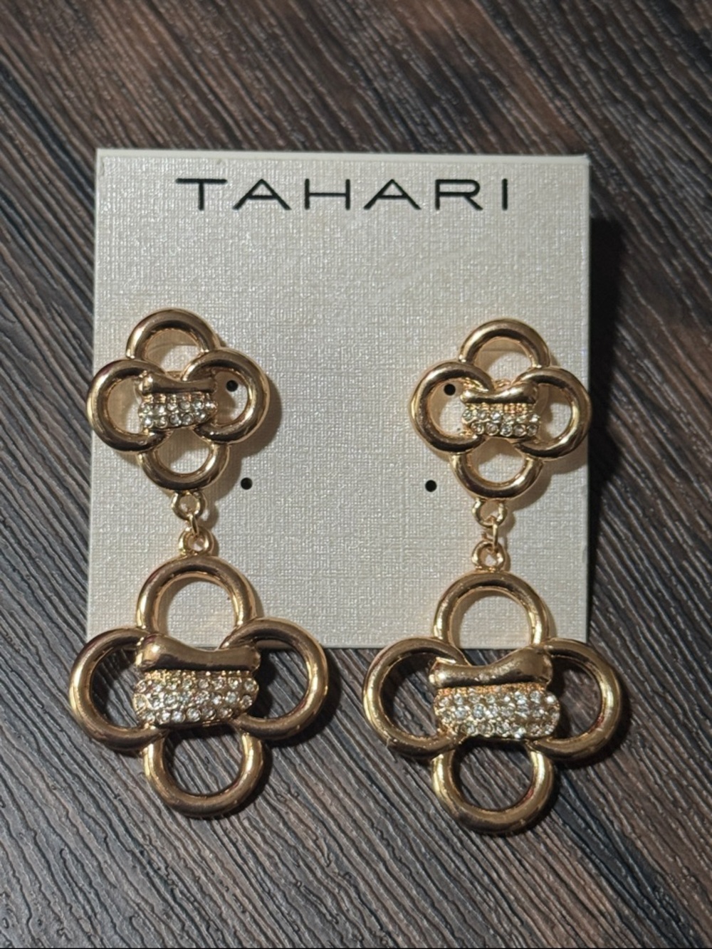 Tahari Gold-tone Crystal Clover Drop Earrings